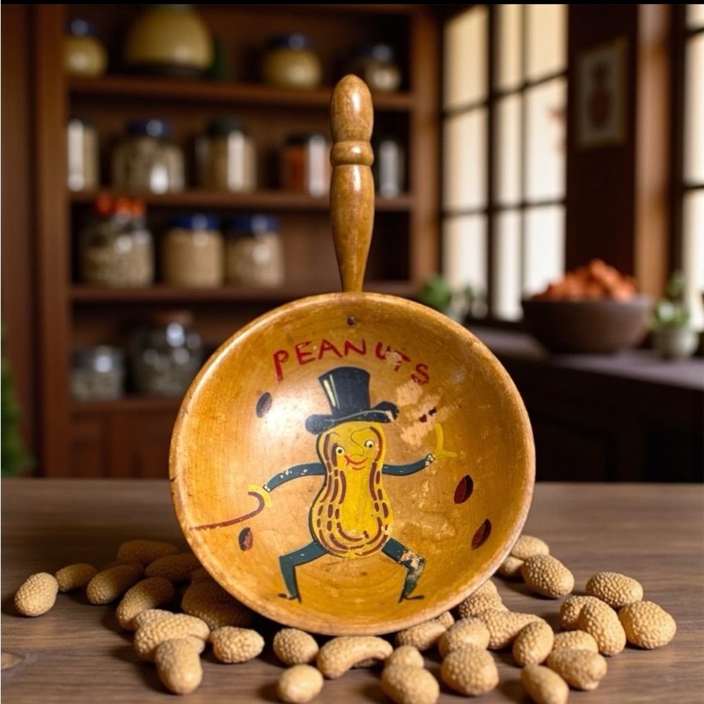 Antique Mr Peanut Hand Painted Wood Snack Bowl With Handle Wall Art